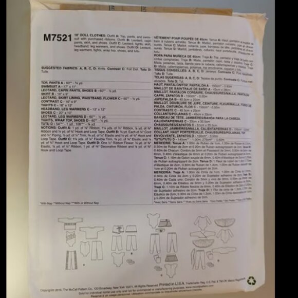 McCalls Crafts Pattern M7521 ~ 18" Athletic Doll Clothes: Gymnastics~Dance - Picture 2 of 2
